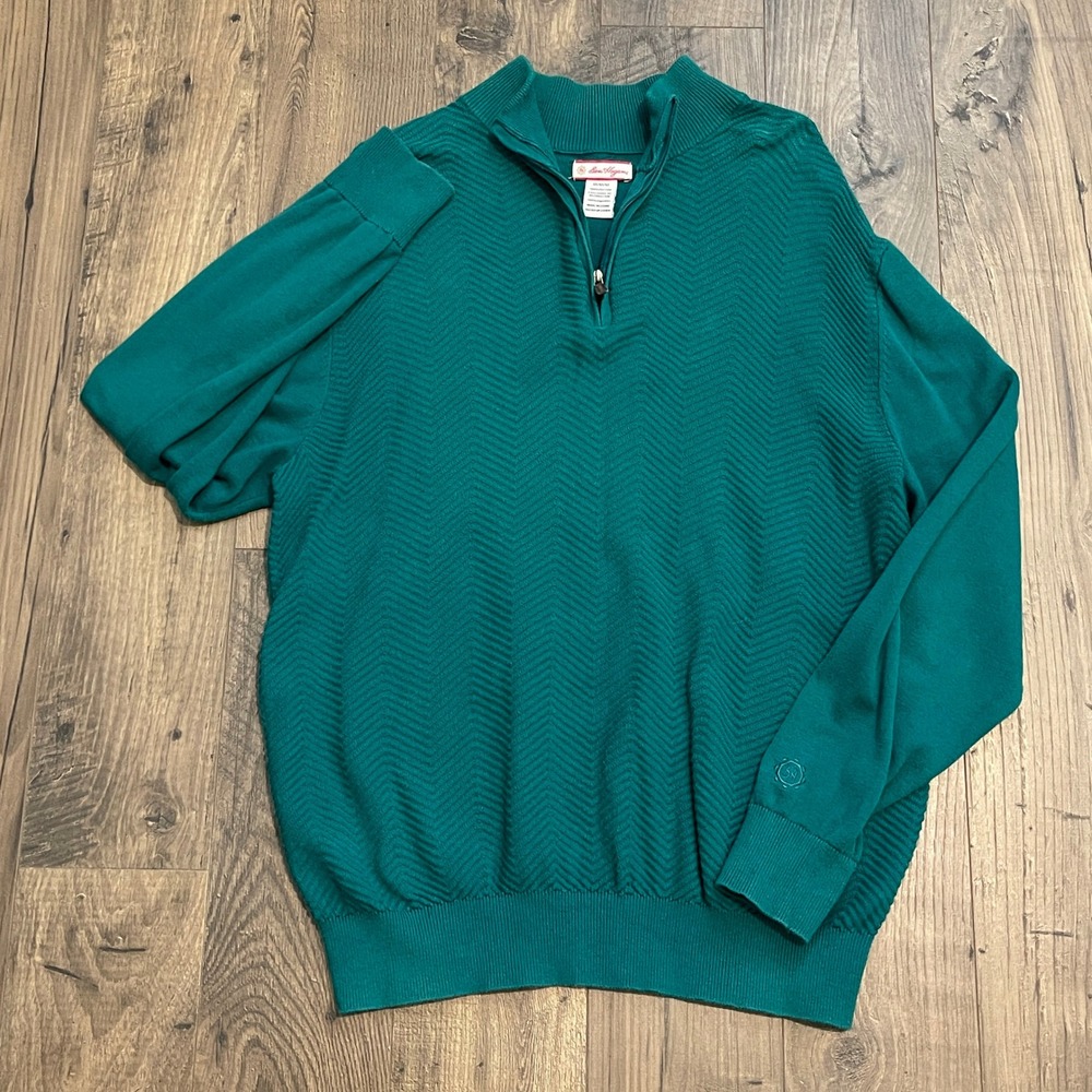 Ben Hogan Mens Medium Emerald Green Textured Chevron 1/4 Zip Cotton Sweater